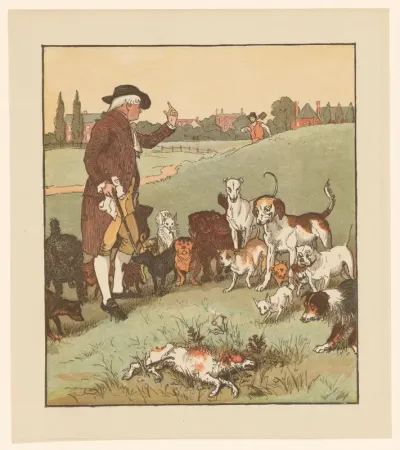 Man en groep honden staan rondom een doodgeschoten hond