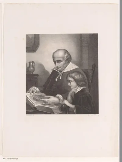 Man en jongen bekijken prenten in een boek