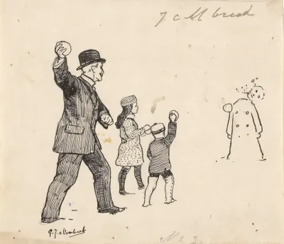 Man en kinderen gooien sneeuwballen