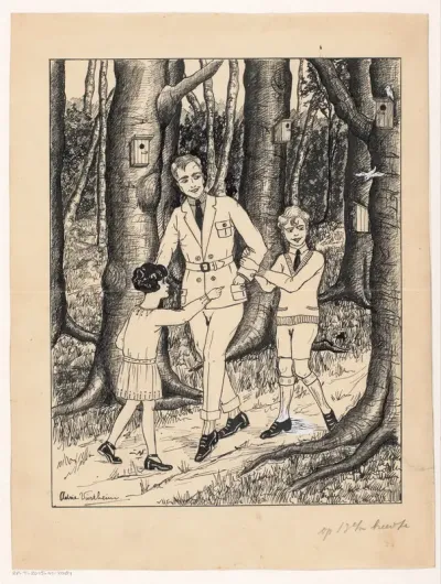 Man en kinderen op een bospad
