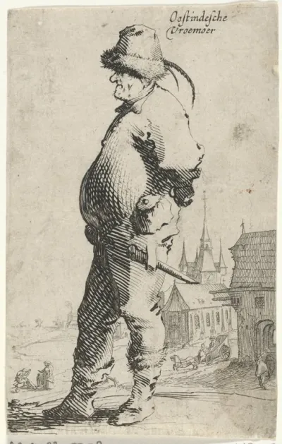 Man en profil, op de achtergrond een kerk en een gebouw met galerij