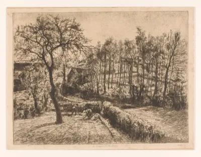 Man en vrouw bewerken de grond in een landschap met omheinde kavels en bomen