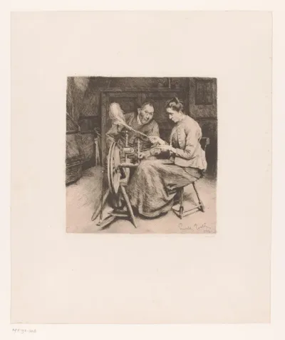 Man en vrouw bij een spinnenwiel