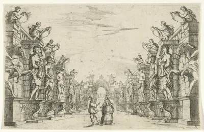 Man en vrouw in een galerij met kariatiden