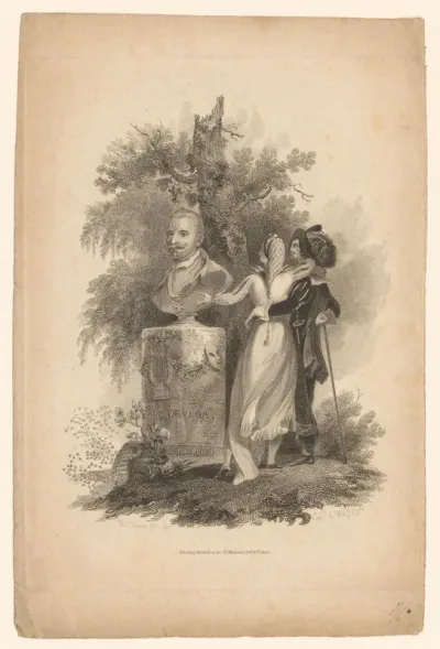 Man en vrouw in historisch kostuum kijken naar een portretbuste van Félix Lope de Vega