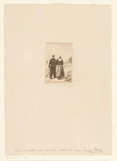 Man en vrouw in klederdracht in Hollands landschap met molen