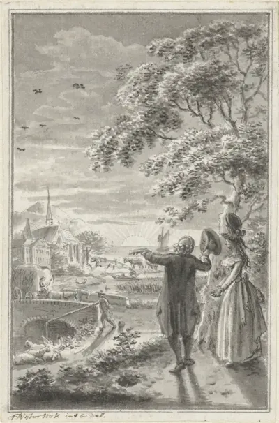 Man en vrouw in landschap met zonsondergang