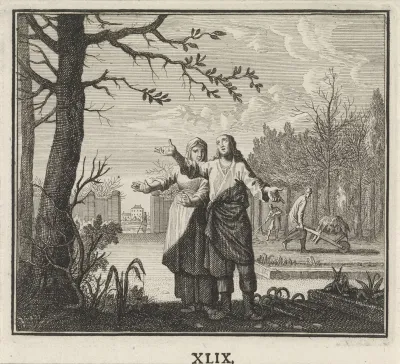 Man en vrouw kijken naar een ontbladerde boom
