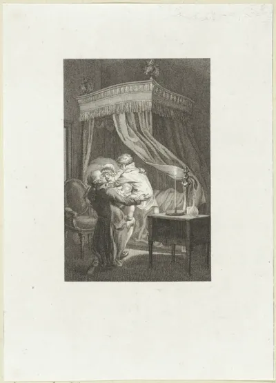 Man en vrouw met een kind bij een hemelbed