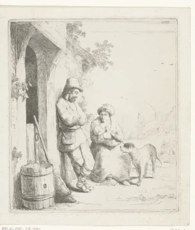 Man en vrouw met kind bij deur van huis