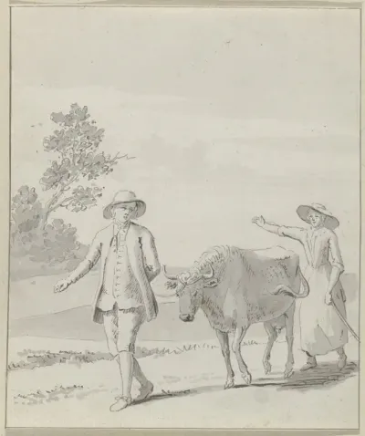 Man en vrouw met koe in landschap