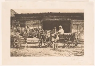 Man en vrouw met paard en wagen voor een schuur