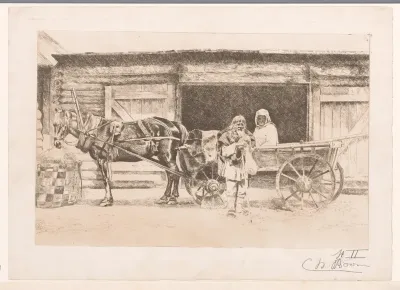 Man en vrouw met paard en wagen voor een stal
