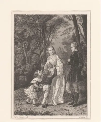 Man en vrouw met twee kinderen in een landschap