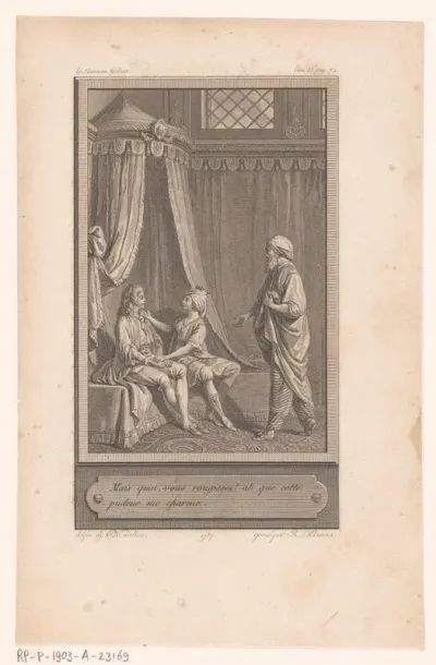 Man en vrouw op een hemelbed benaderd door een oude man met tulband