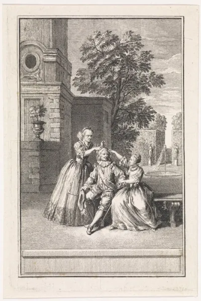 Man en zijn maîtresses in een tuin
