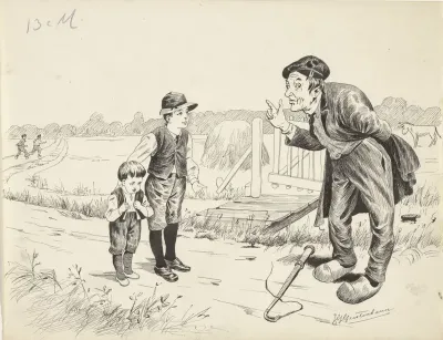 Man gebarend naar twee jongens in een landschap