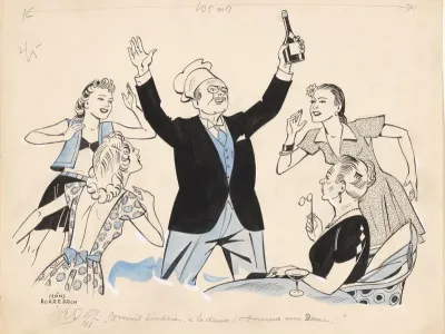 Man houdt een fles drank in de lucht in gezelschap van vier vrouwen