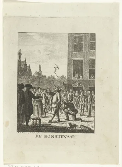 Man houdt pijpen in balans op zijn hoofd voor publiek op kermis