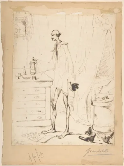 Man in a Nightshirt Reaching for a Bottle Labeled "Fountain of Youth"