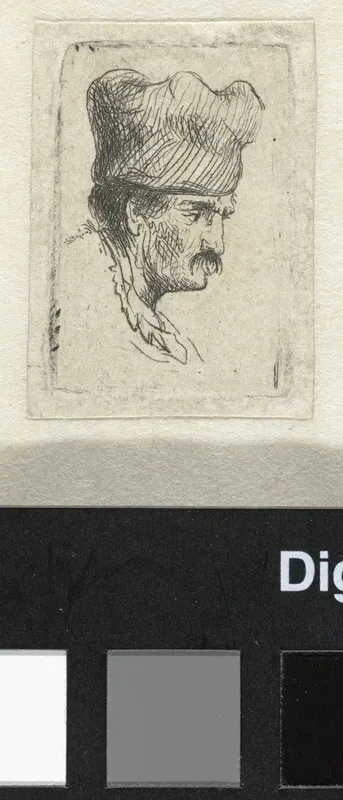 Man in a square cap, in profile right