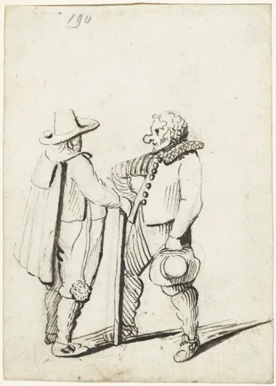 Man in cape praat met komediant (?)