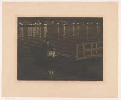 Man in een boot bij avond