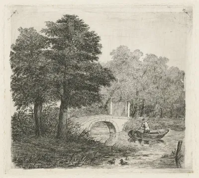 Man in een boot bij een stenen brug