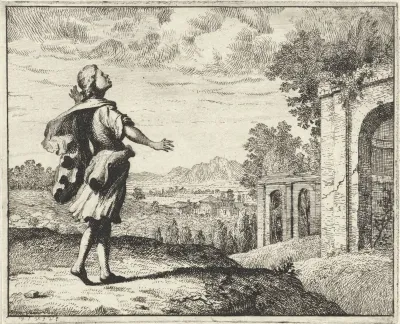 Man in een landschap opkijkend naar de hemel
