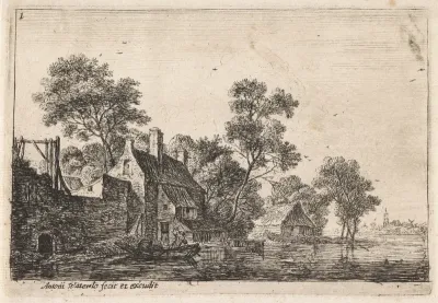 Man in een roeiboot bij een huis aan het water