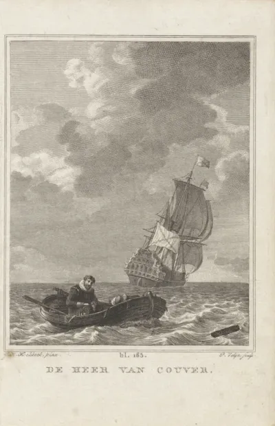 Man in een roeiboot met op de achtergrond een zeilschip
