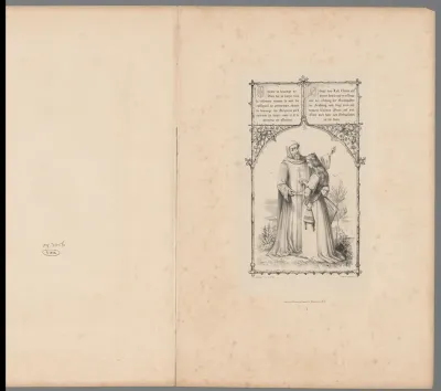 Man in habijt houdt de hand vast van een vrouw met harp