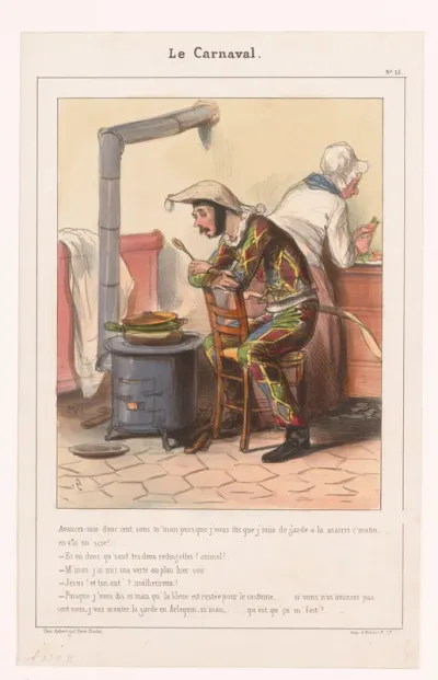 Man in harlekijnspak bij zijn moeder in de keuken