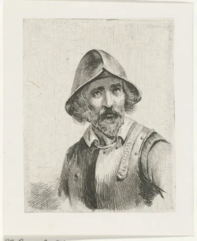 Man in harnas met helm op het hoofd