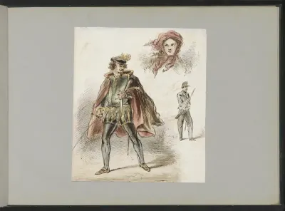 Man in historisch kostuum, een vrouw met hoofddoek en een soldaat