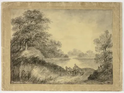 Man in Horse-Drawn Cart Beside Lake