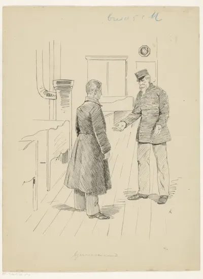 Man in overjas en een militair in een interieur