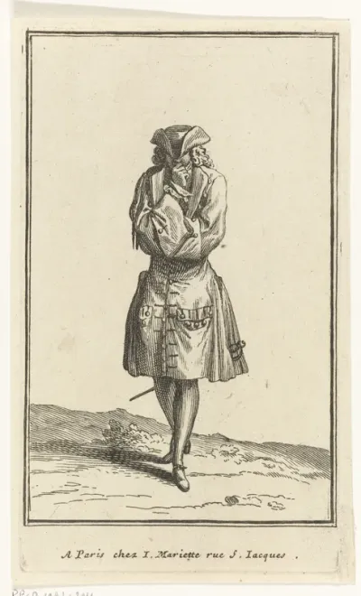 Man in peinzende houding, gekleed volgens de Franse mode van 1696
