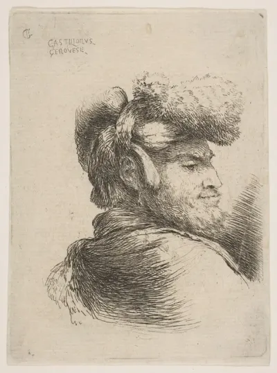 Man in profile facing right, wearing a fur hat, from "Small Heads in Oriental Headdress"