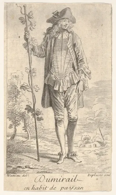 Man in tricorn hat and overcoat, shown in frontal view and holding a staff with a winding vine, landscape with trees beyond