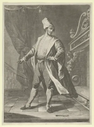 Man in Venetian costume standing before a large fireplace, right arm outstretched