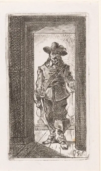 Man in zeventiende eeuwse kledij, staand in een deuropening
