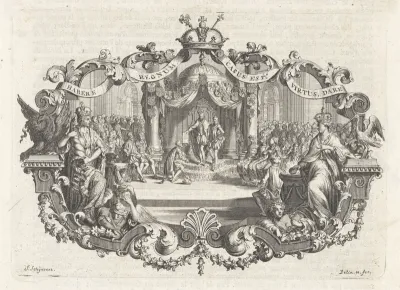 Man knielend voor een troon in een grote zaal