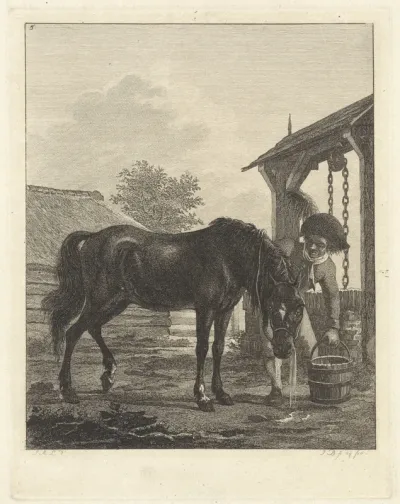 Man laat een paard uit een emmer drinken