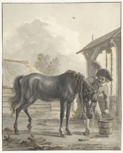 Man laat een paard uit een emmer drinken