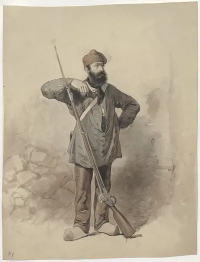 Man leaning on a rifle with a bayonet