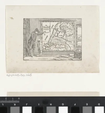 Man leert een jongen over de topografie van Nederland op een wandkaart