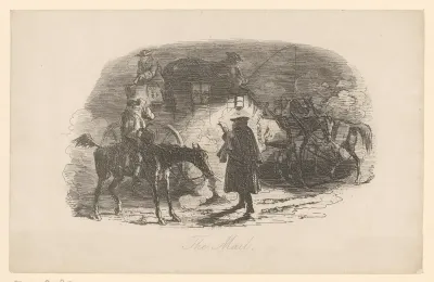 Man leest een brief bij het licht van een lantaarn voor een koets
