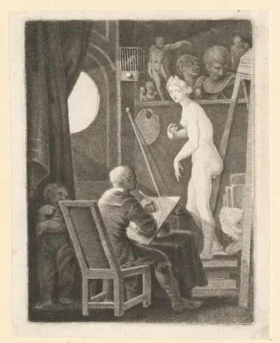 Man maakt een ets in zijn atelier naar beeld van een vrouw