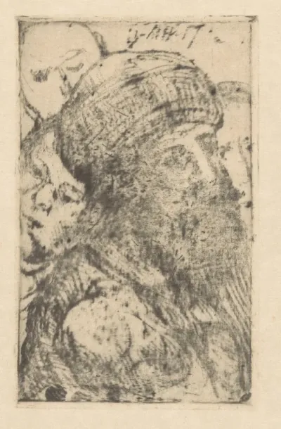 Man met baard omringd door drie figuren